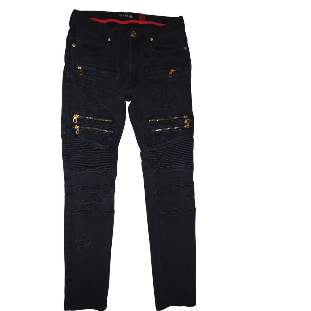 Makobi Mens Biker Moto Jeans Black Distressed Gold Zippers 32x32